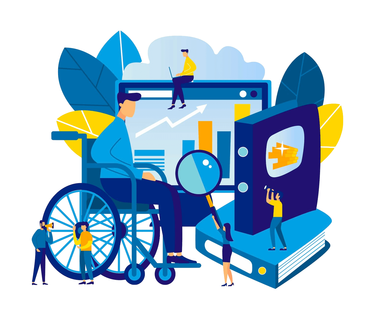 Web Accessibility - Blue Illustration showing a man on a wheelchair in front of a screen